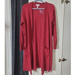 Denim & Company D & Co Cardigan Open Front Pockets Red Knit Womens Medium‎